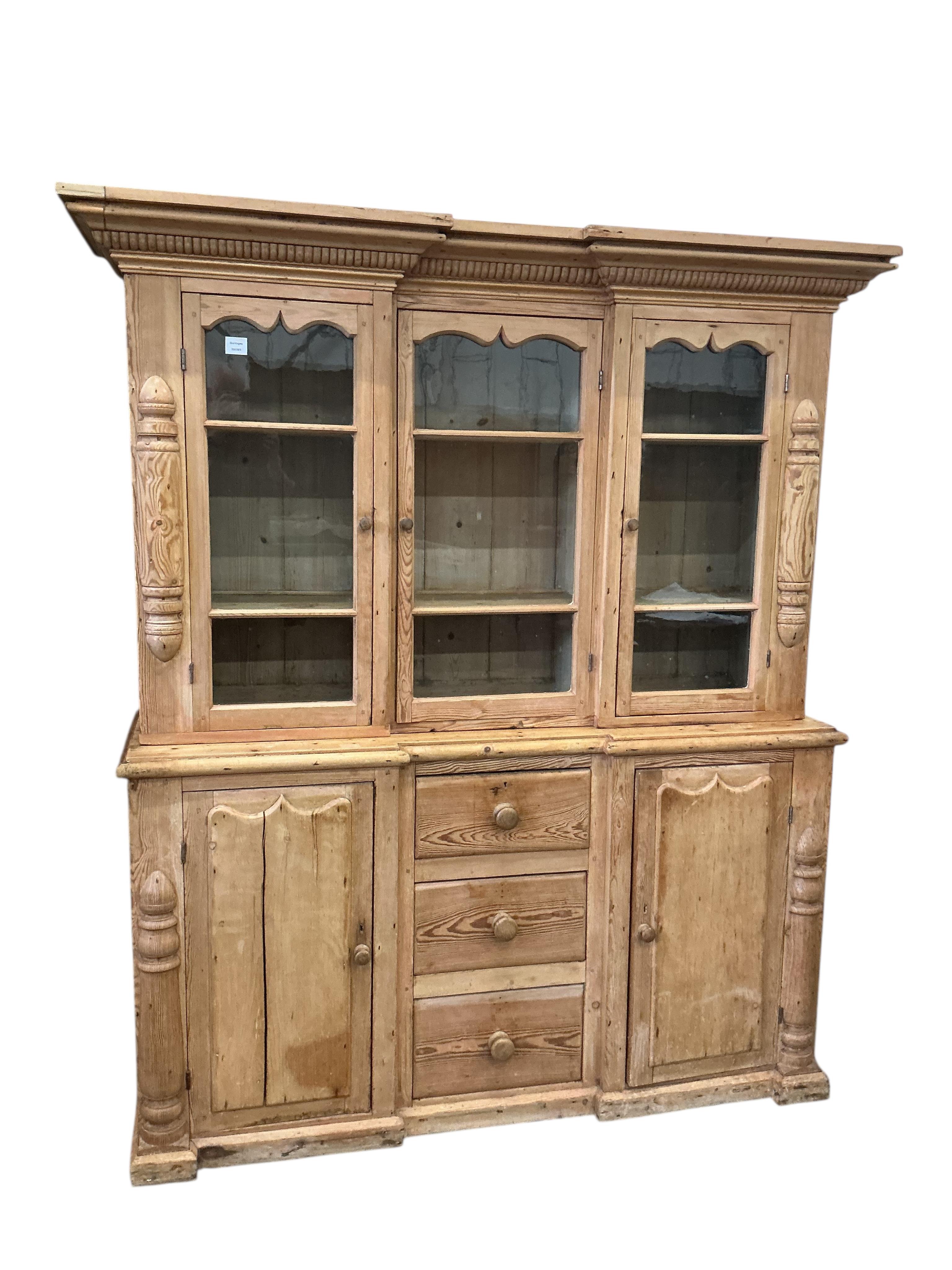 A Victorian inverse breakfront pine dresser, width 164cm, depth 46cm, height 189cm